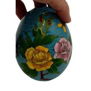 Vintage Cloisonne Enamel Egg Turquoise Blue Floral Rose Butterfly Chinese Art